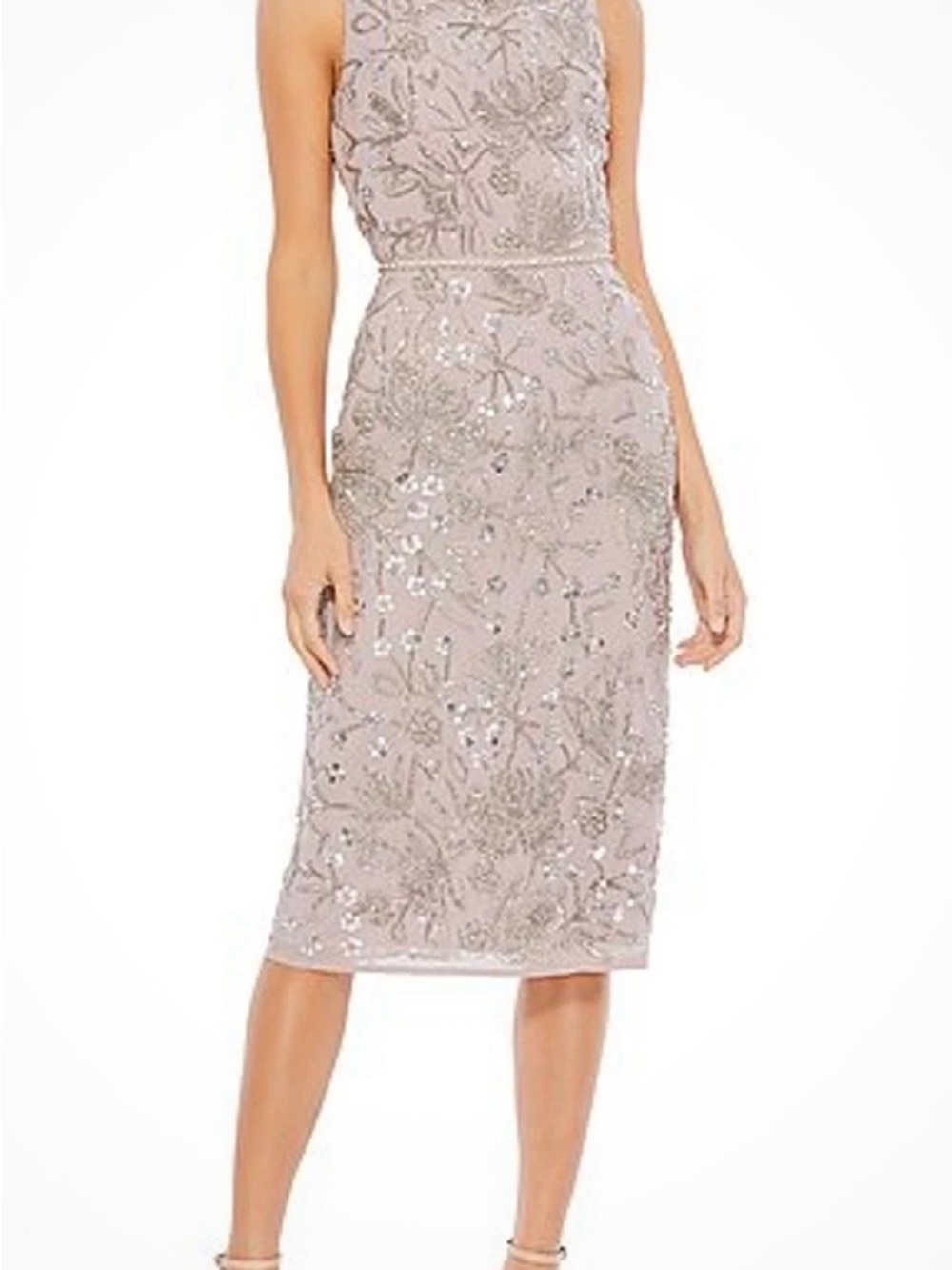 Mac Duggal Sequin Floral Midi Dress in Blush Taupe